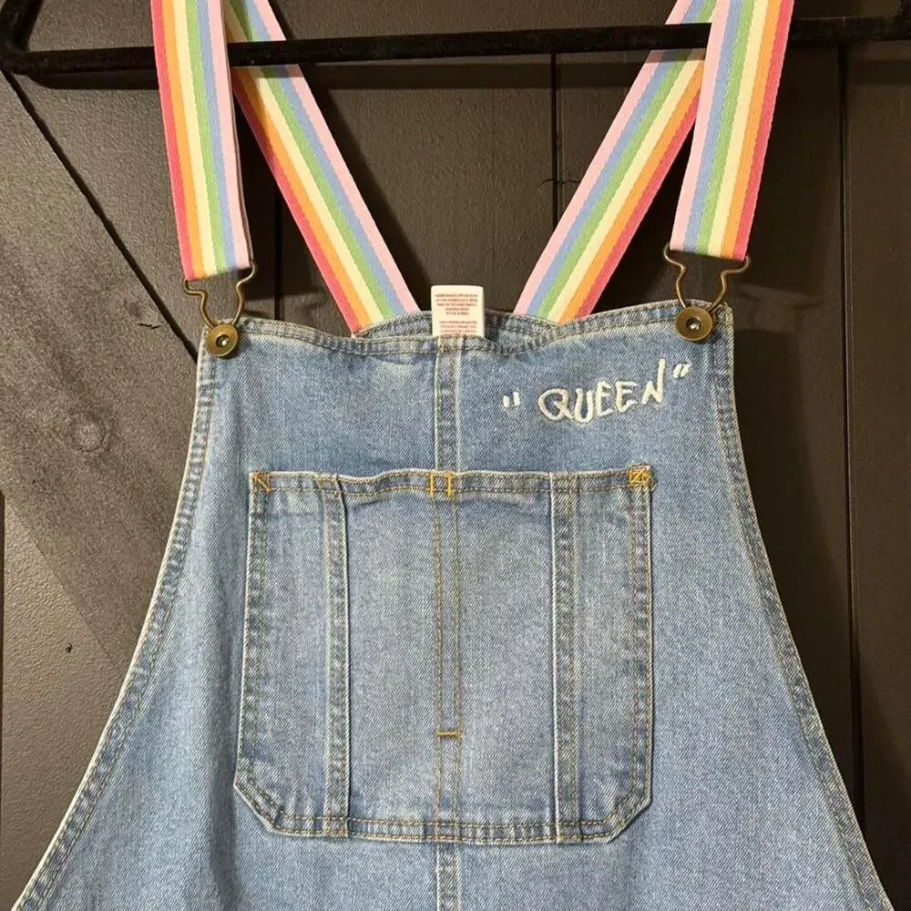 Rainbow Strap Denim Romper Overalls “Queen” Embroidered Trendy Y2K Cottagecore - Picture 6 of 8